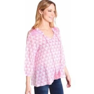 Oliphant Long Sleeve Tassel Tie Pink White Geometric Print‎ Cotton Top Small